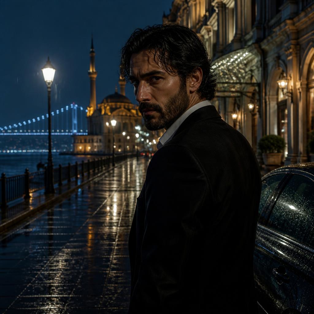 Still of Engin Akyürek on a rainy Istanbul street at night