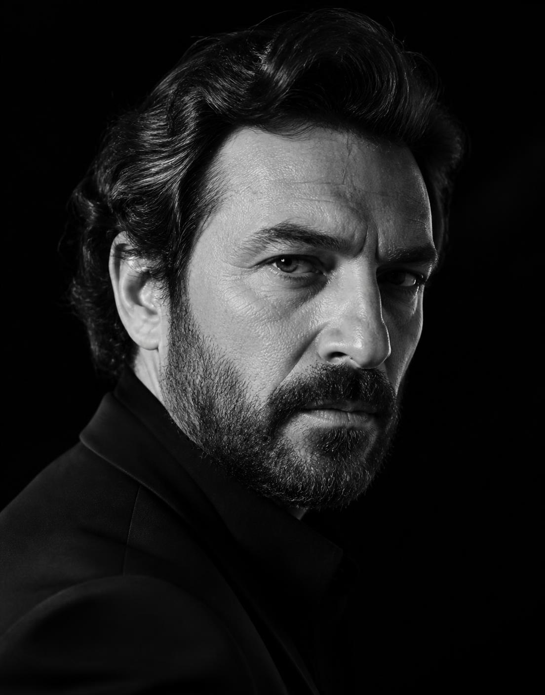 Black and white editorial portrait of Engin Akyürek