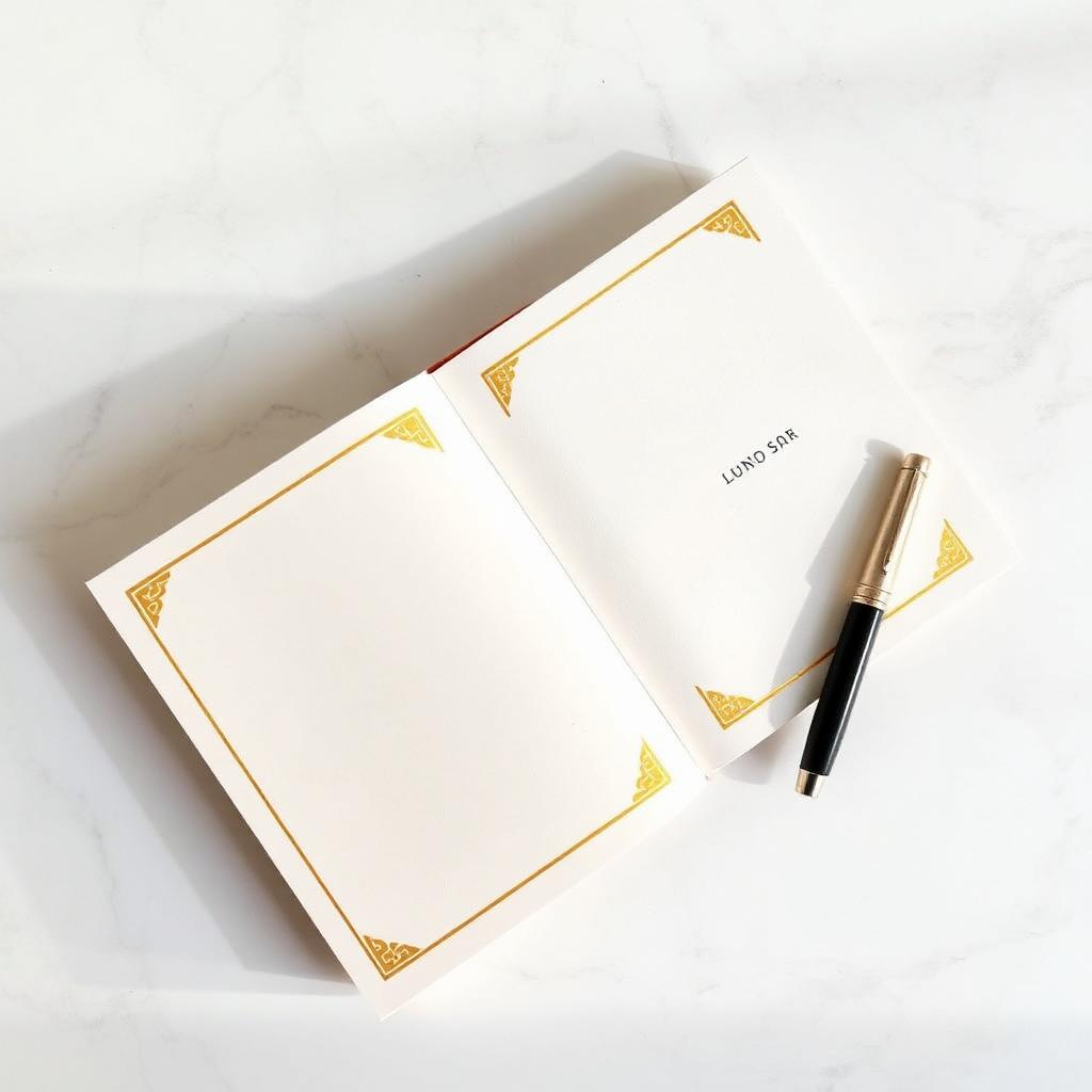 Cream hardcover book lying open beside a fountain pen on a light marble surface