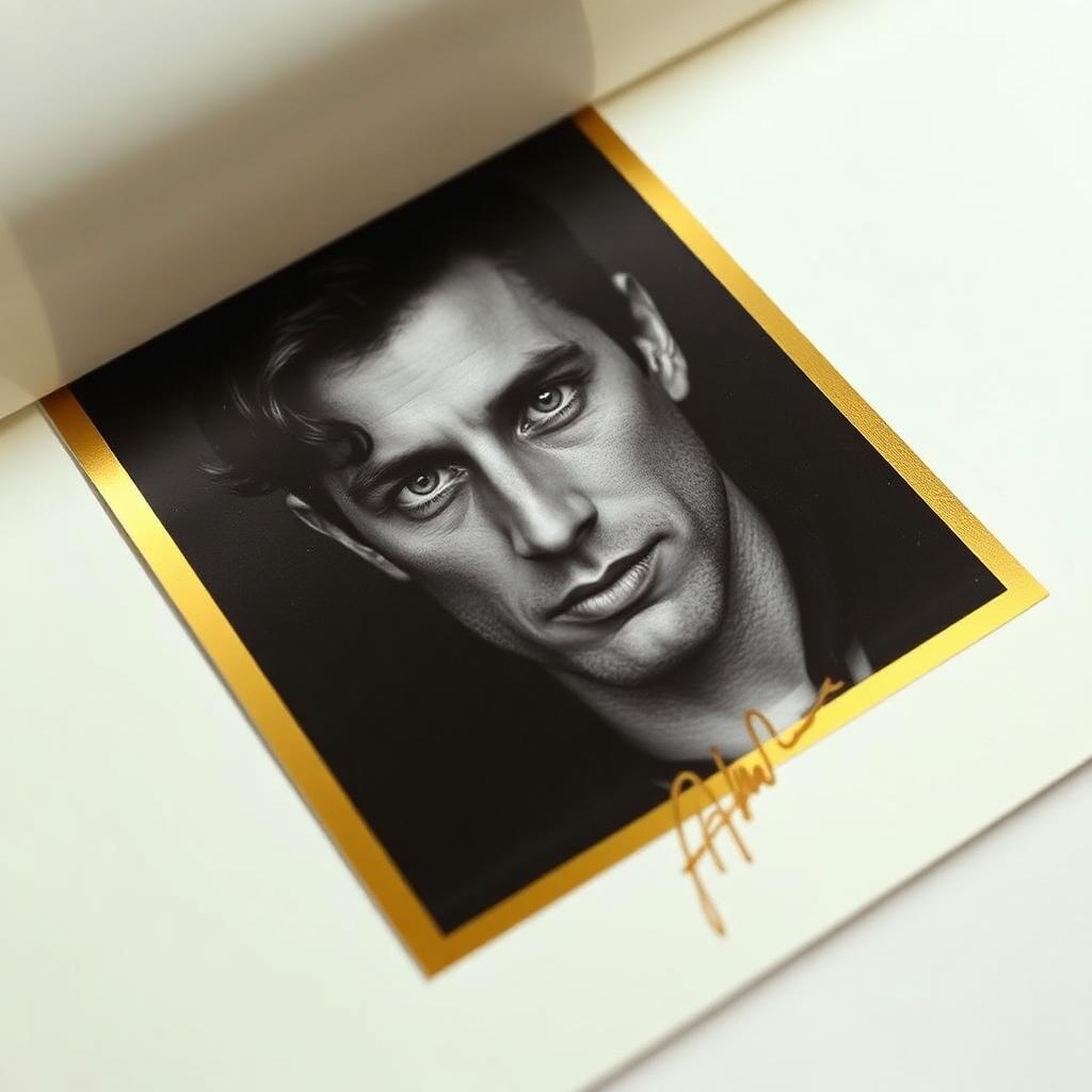 Hand-signed monochrome collector card with gold foil border on cream paper