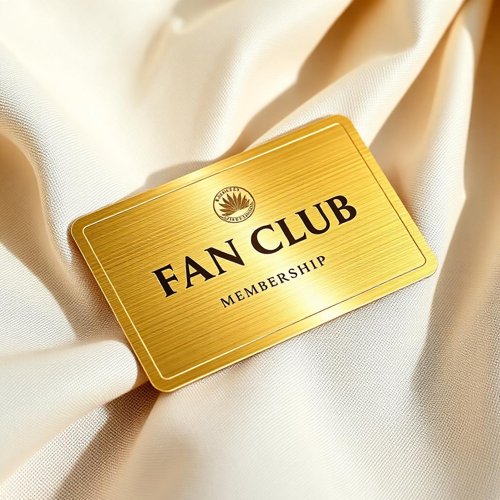 Brushed gold metal fan club membership card resting on cream linen